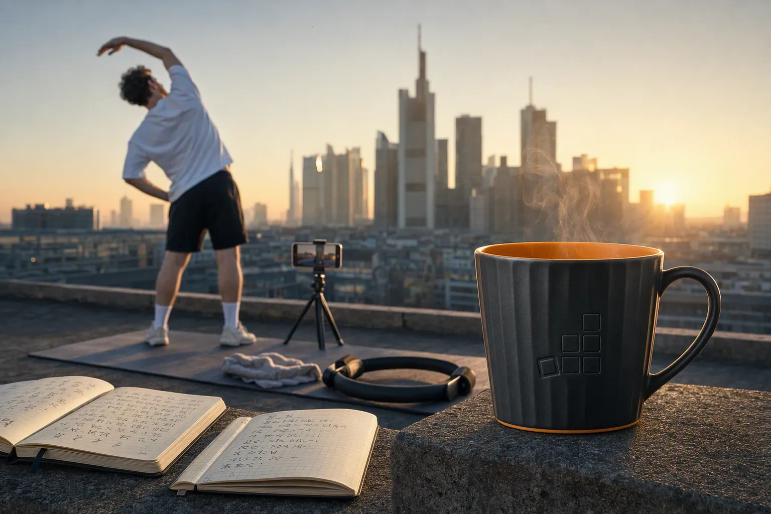 Cloud Nation Mug auf einer Betonbrüstung über einer Skyline neben aufgeschlagenen Vokabelheften, im Hintergrund eine Person beim Dehnen im Sonnenaufgang